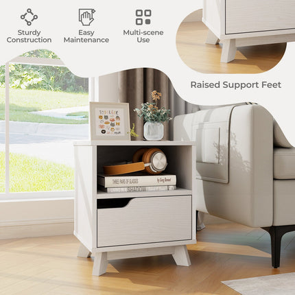 Mid Century Modern Bedside Table with Storage Drawer and Open Shelf-White