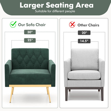 Modern Velvet Accent Chair with Button Tufted Back Golden Metal Legs and Adjustable Foot Pads