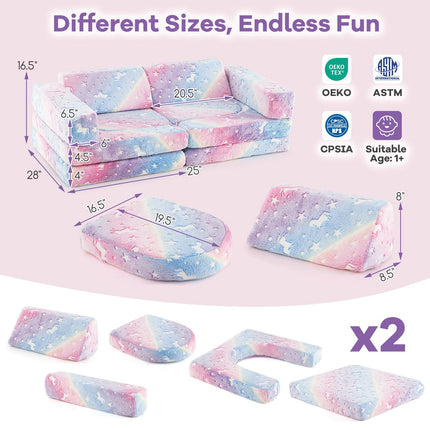 10 Pieces Modular Kids Play Couch Sectional Sofa Glow in the Dark-Multicolor