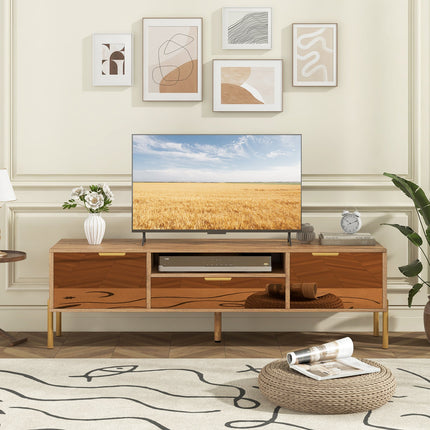 Mirrored TV Stand for TV up to 65 Inch with Spacious Tabletop and 2 Storage Cabinets-Natural