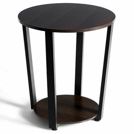 2-tier Round End Table with Storage Shelf & Metal Frame