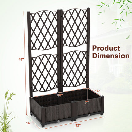 PE Rattan Raised Garden Bed with Trellis Planter Box for Climbing Plants-Brown