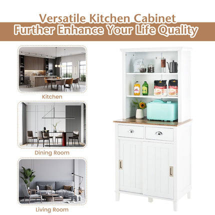 Freestanding Kitchen Pantry with Hutch Sliding Door and Drawer-White