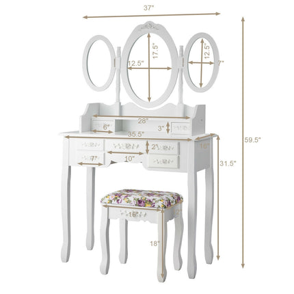 7 Drawer Tri-Folding Mirror Dressing Vanity Makeup Set