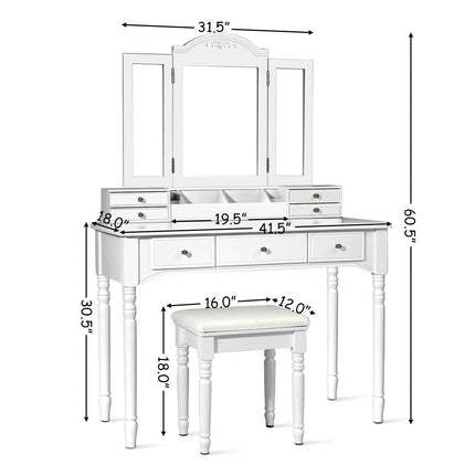 Makeup Dressing Table with Tri-Folding Mirror and Cushioned Stool for Women