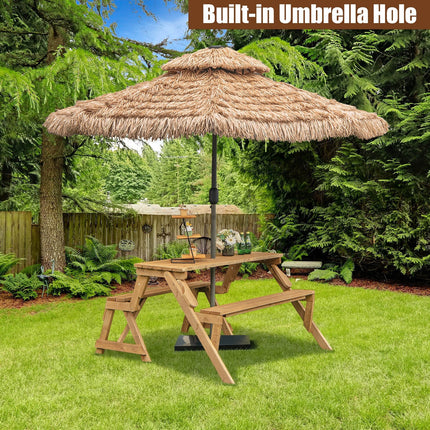 2-in-1 Transforming Interchangeable Wooden Picnic Table Bench with Umbrella Hole-Dark Brown