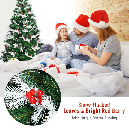 Unlit Snowy Hinged Christmas Tree with Mixed Tips and Red Berries