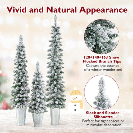 Set of 3 Pre-Lit Snow Flocked Artificial Christmas Trees witrh 423 Branch Tips