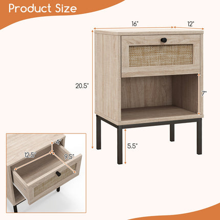 Rattan Nightstand Boho End Table with Rattan Drawer and Open Shelf