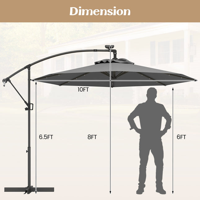 10 Feet 360° Rotation Solar Powered LED Patio Offset Umbrella without Weight Base-Gray