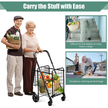Folding Shopping Cart Basket Rolling Trolley with Adjustable Handle