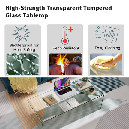 42 x 19.7 Inch Clear Tempered Glass Coffee Table with Rounded Edges-Transparent