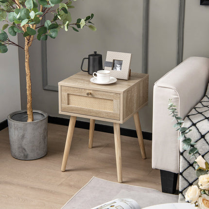 Set of 2 Modern Rattan Nightstand with Drawer and Solid Wood Legs for Bedroom and Living Room-Oak