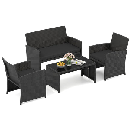 4 Pieces Patio Furniture Set with Tempered Glass Tabletop and Removable Cushion