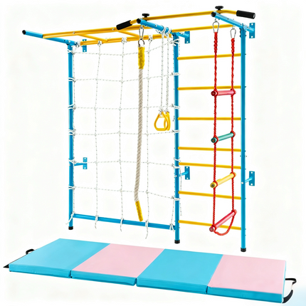 7-in-1 Swedish Ladder with Folding Gymnastics Mat for Solid Wall for Kids
