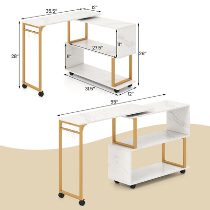 360¬∞ Rotating Sofa Side Table with Storage Bookcase and Hooks for Living Room-White