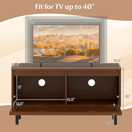 Mid Century Fluted TV Stand for 40" TV with 2 Hidden Compartments and Metal Legs-Walnut
