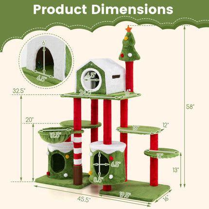 Cat Furniture Set with 58 Inch Tall Cat Tree Tower and 2 Gift Box Shaped Cute Christmas Cat House