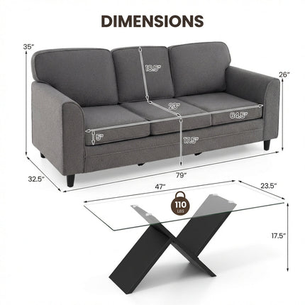Contemporary Living Room Furniture Suite: Modern 3-Seat Teddy Velvet Sofa + 47-Inch Glass Coffee Table