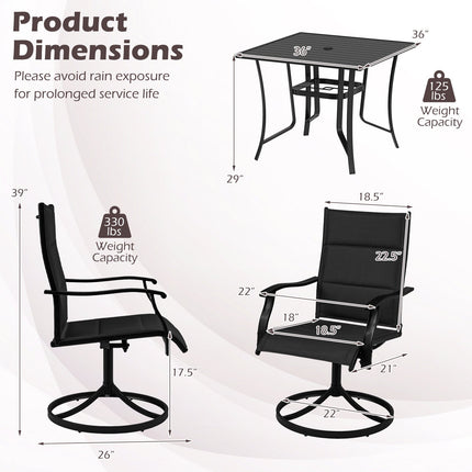 5 Pieces Outdoor Dining Set with 4 Swivel Chairs and 36 Inch Square Patio Table