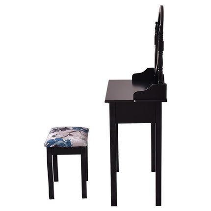 Wooden Vanity Makeup Set with Cushioned Stool and Oval Rotating Mirror